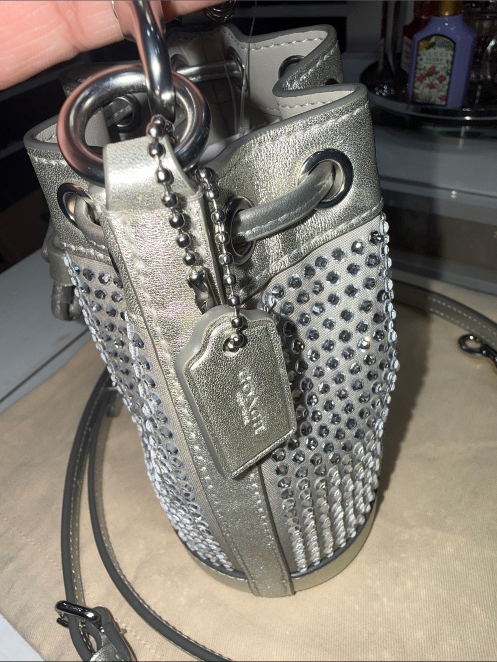 New Coach Metallic Silver Crystal-Embellished Bucket mini Bag - Picture 6 of 10
